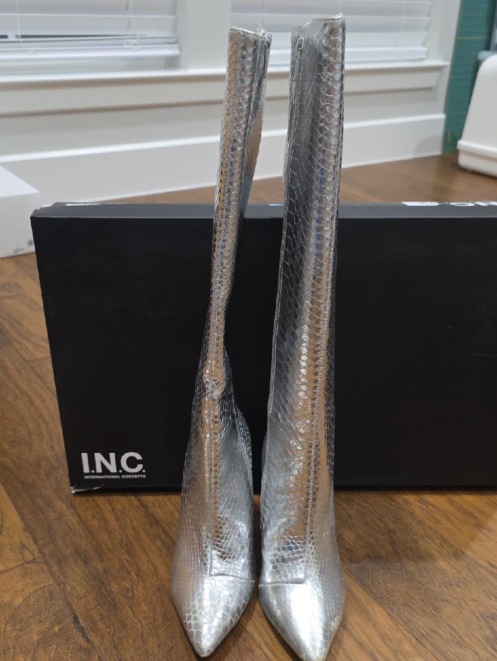 INC International Concepts Silver Metallic Snakeskin Knee-High Stiletto Boots